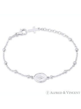 Holy Mother Mary Medal, Ball Bead, Rolo Chain Anklet in 925 Sterling Silver - 6"